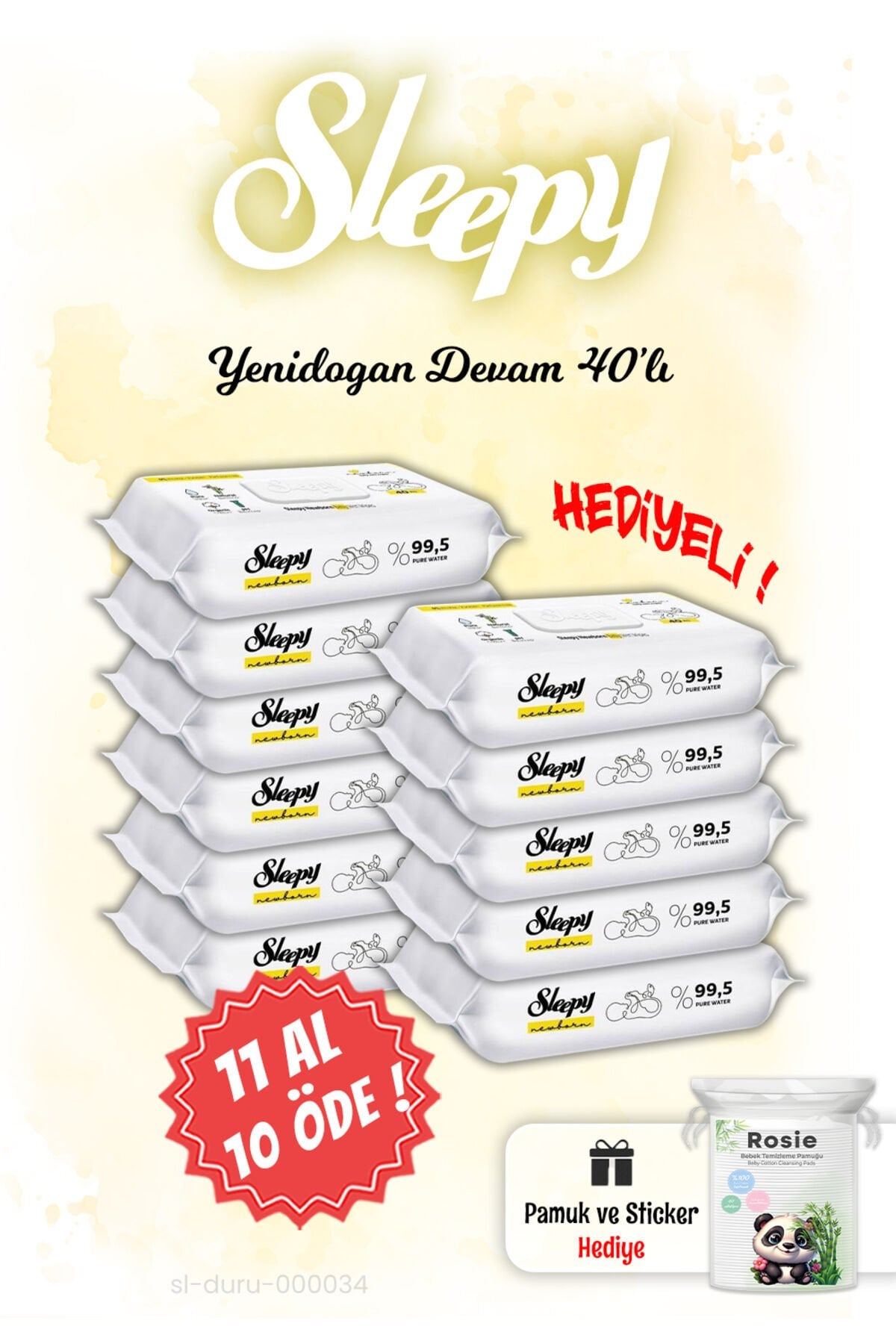 Sleepy 11 AL 10 Öde, 40'lı Yenidoğan Devam Islak Havlu, ROSIE