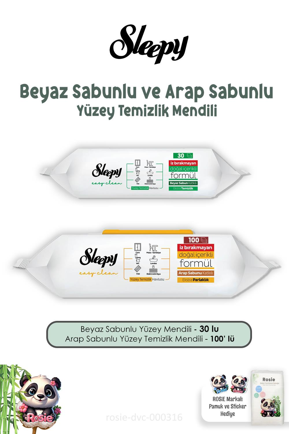 Sleepy Beyaz Sabunlu Yüzey Temizlik Havlusu 30'lu, Arap Sabunlu 100'lü ve ROSIE