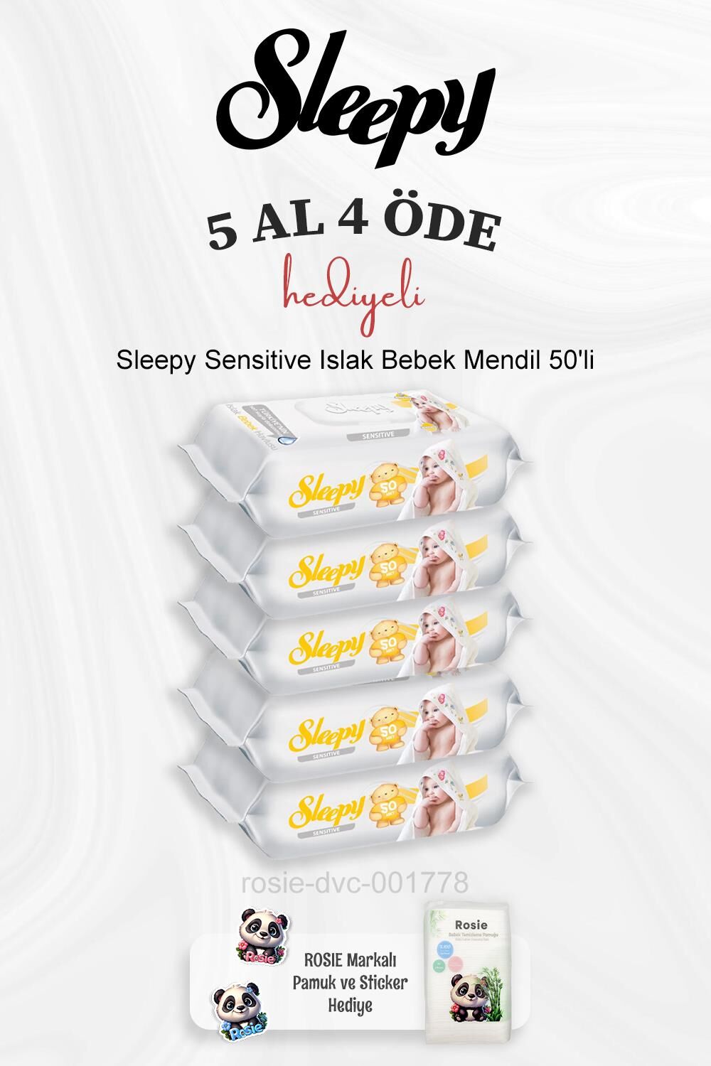 Sleepy Sensitive Islak Bebek Mendil 50'li 5 Al 4 Öde ve Rosie Pamuk