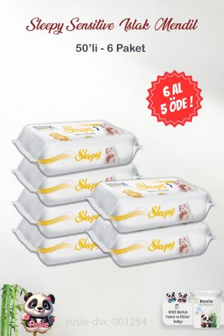 6 AL 5 ÖDE Sleepy Sensitive 50'li Islak Bebek Mendil ve ROSIE Pamuk