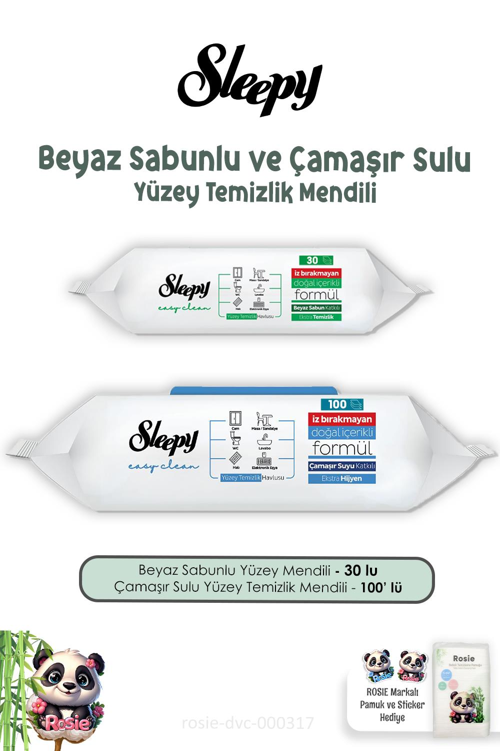 Sleepy Beyaz Sabunlu Yüzey Temizlik Havlusu 30'lu, Çamaşır Sulu 100'lü ve ROSIE