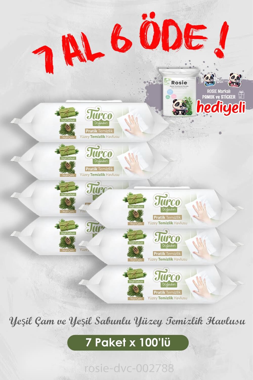 Yeşil Çam ve Yeşil Sabunlu Yüzey Temizlik Havlusu 100'lü 7 Al 6 Öde ve Rosie