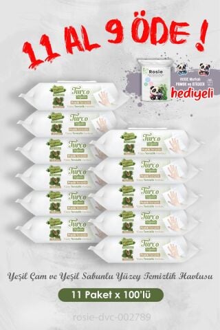 11 Al 9 Öde Yeşil Çam ve Sabunlu Yüzey Temizlik Havlusu 100'lü ve Rosie