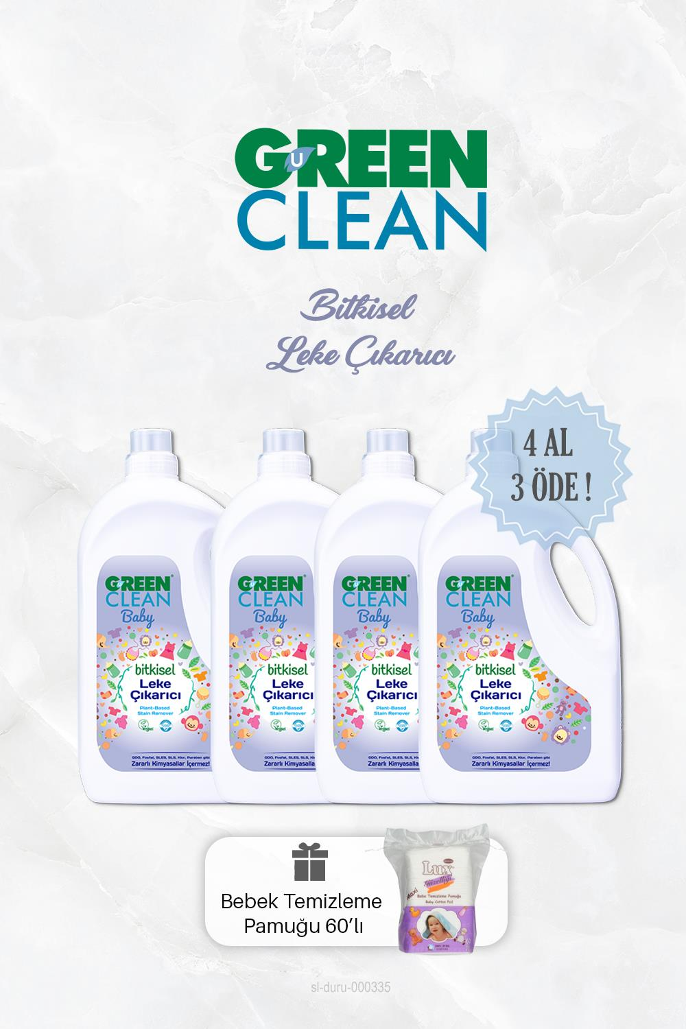 Green Clean Bebek Çamaşırları İçin Leke Çıkarıcı 4 AL 3 ÖDE 2750 ml ve Bebek Pamuğu 60 lı