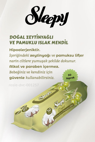 6 AL 5 ÖDE Sleepy Doğal Zeytinyağlı ve Pamuklu Islak Bebek Mendili 50'li ve ROSIE