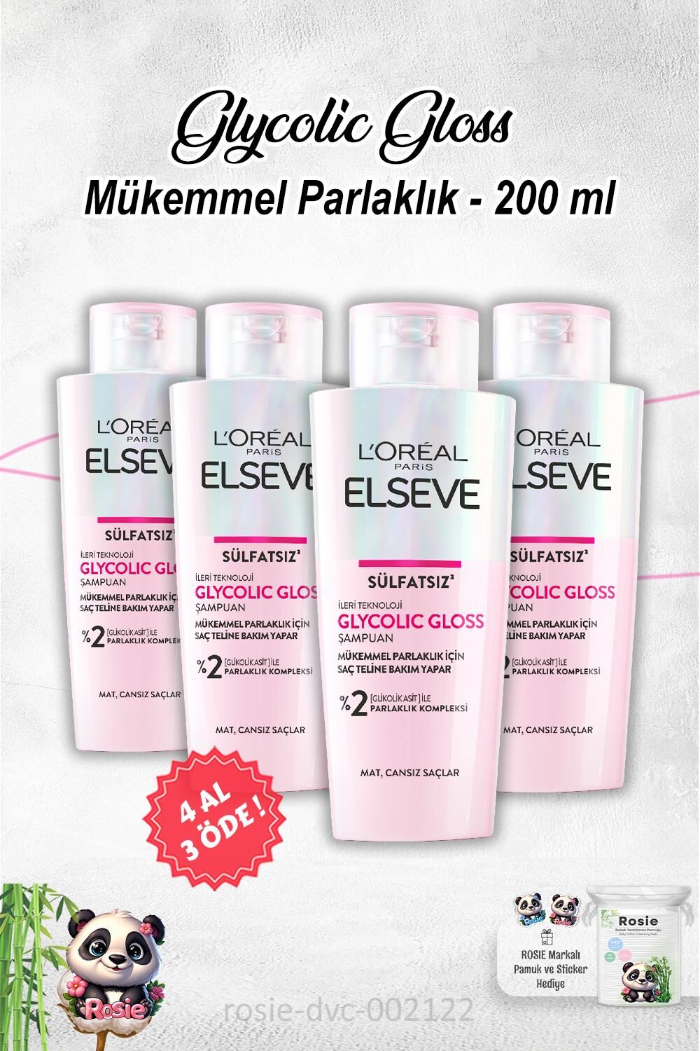 4 Al 3 Öde Elseve Glycolic Gloss Mükemmel Parlaklık 200ml ve Rosie Pamuk