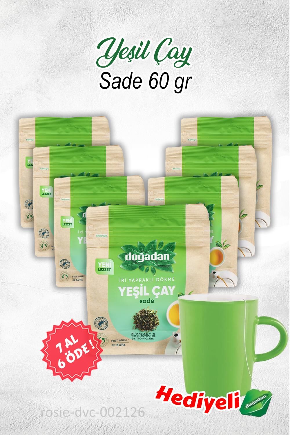 7 AL 6 ÖDE Dökme Yeşil Çay Sade 60 gr Doğadan ve Kupa Hediyeli