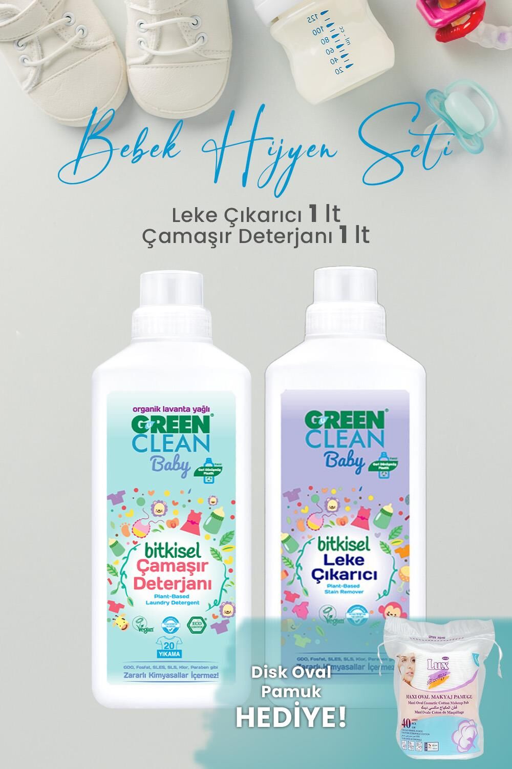 Green Clean 2'li Bebek Hijyen Seti ve Oval Pamuk
