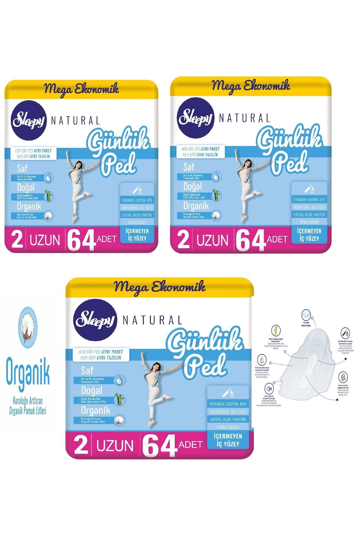 Sleepy Natural günlük ped uzun 64 lü (3 Adet)