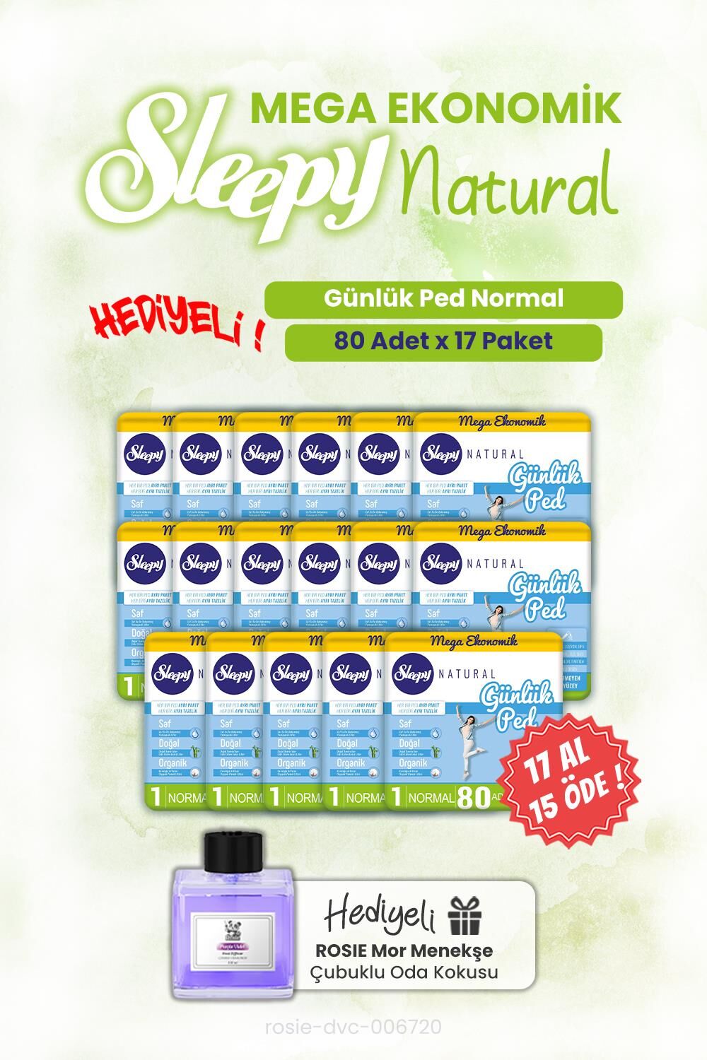 Sleepy Günlük Ped 17 AL 15 ÖDE Natural Normal 80'li ve ROSIE oda kokusu