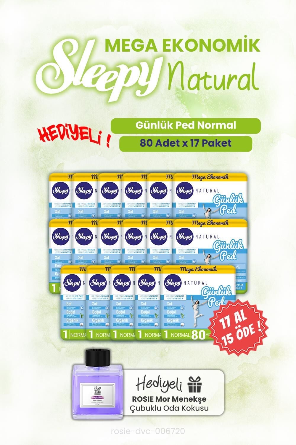 Sleepy Günlük Ped 17 AL 15 ÖDE Natural Normal 80'li ve ROSIE oda kokusu