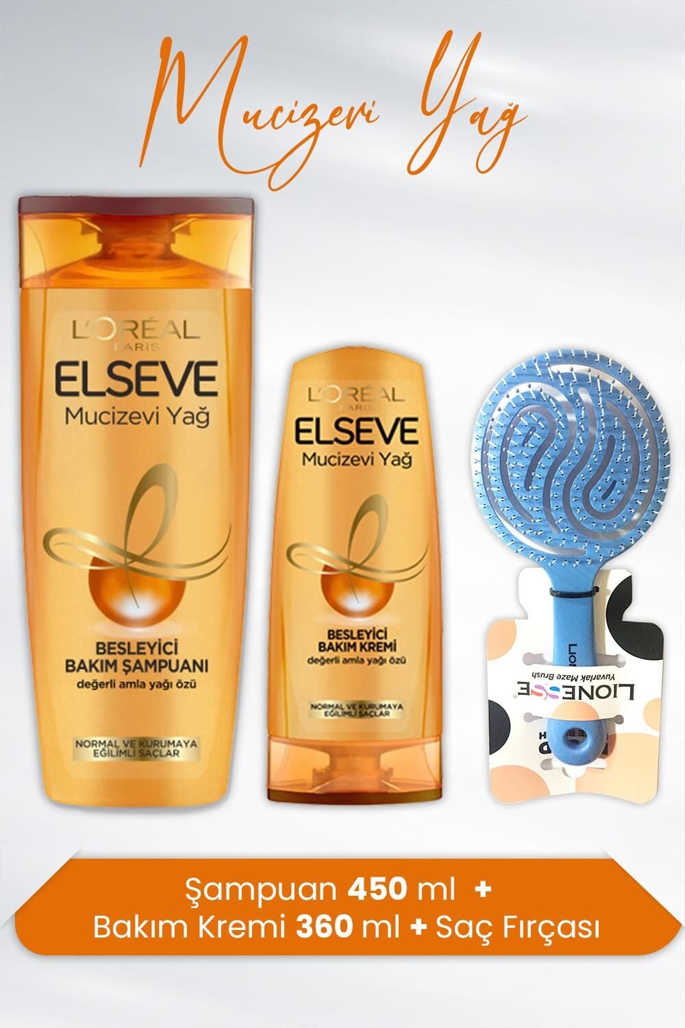 Elseve Mucizevi Yağ Besleyici Şampuan Amla Yağı 450 ml, Bakım Kremi 360 ml ve Tarko Saç Fırçası Yuvarlak Mavi