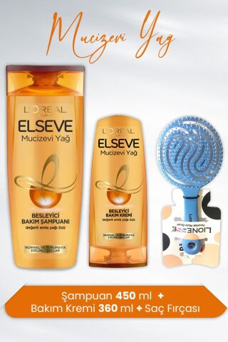 Elseve Mucizevi Yağ Besleyici Şampuan Amla Yağı 450 ml, Bakım Kremi 360 ml ve Tarko Saç Fırçası Yuvarlak Mavi
