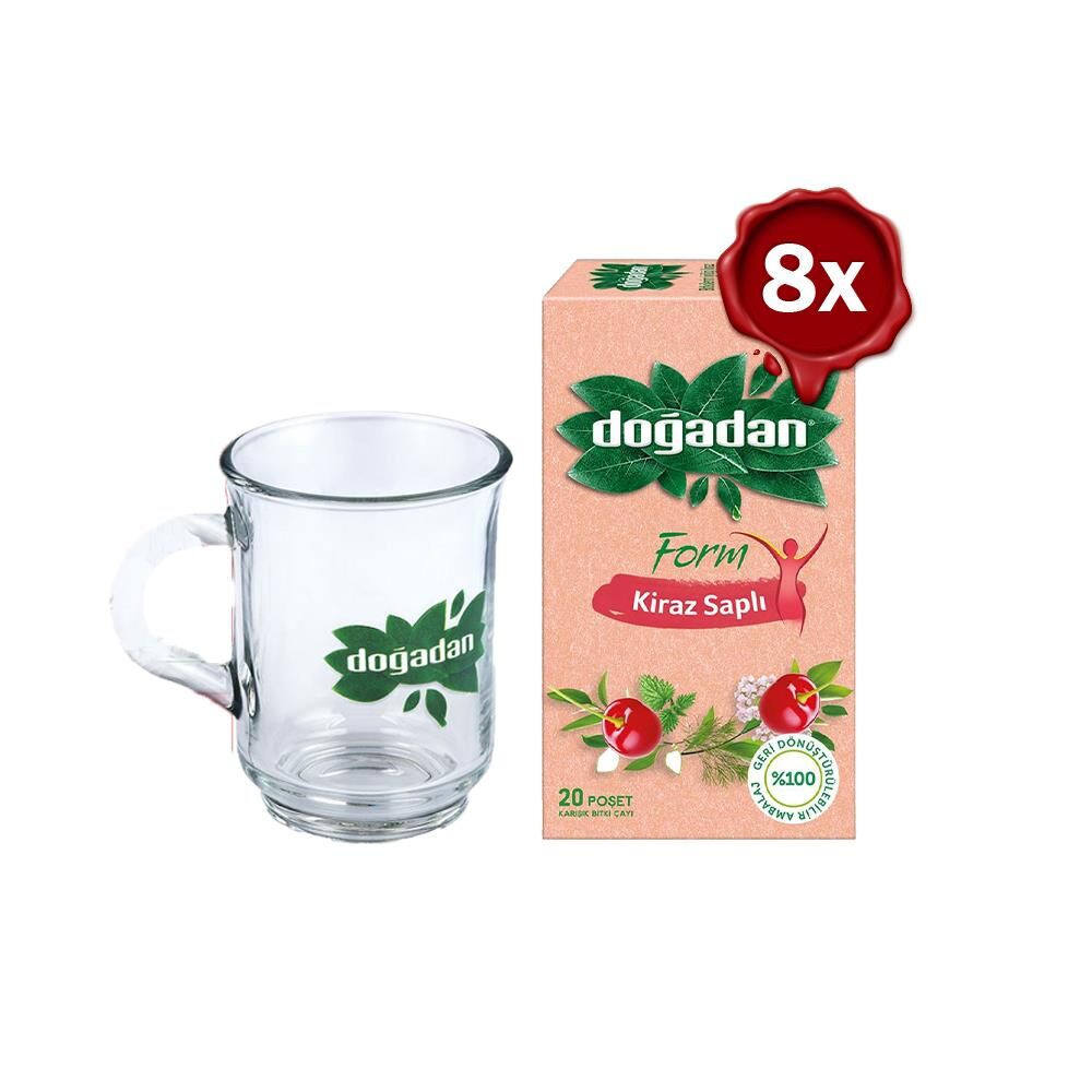Doğadan Form Çay Kiraz Saplı 20'li x 8 ve Doğadan Cam Bardak Hediyeli