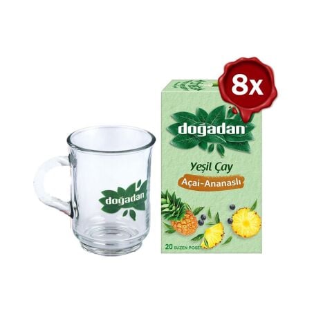 Doğadan Yeşil Çay Açai Ananaslı Bardak Poşet Çay x 8 ve Doğadan Cam Bardak Hediyeli