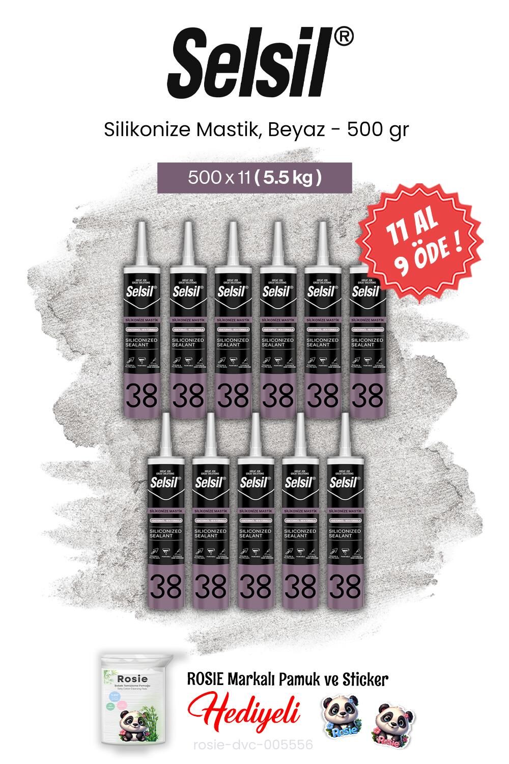 Selsil 500 gr, Silikonize Mastik, Beyaz 11 AL 9 ÖDE ve rosie pamuk