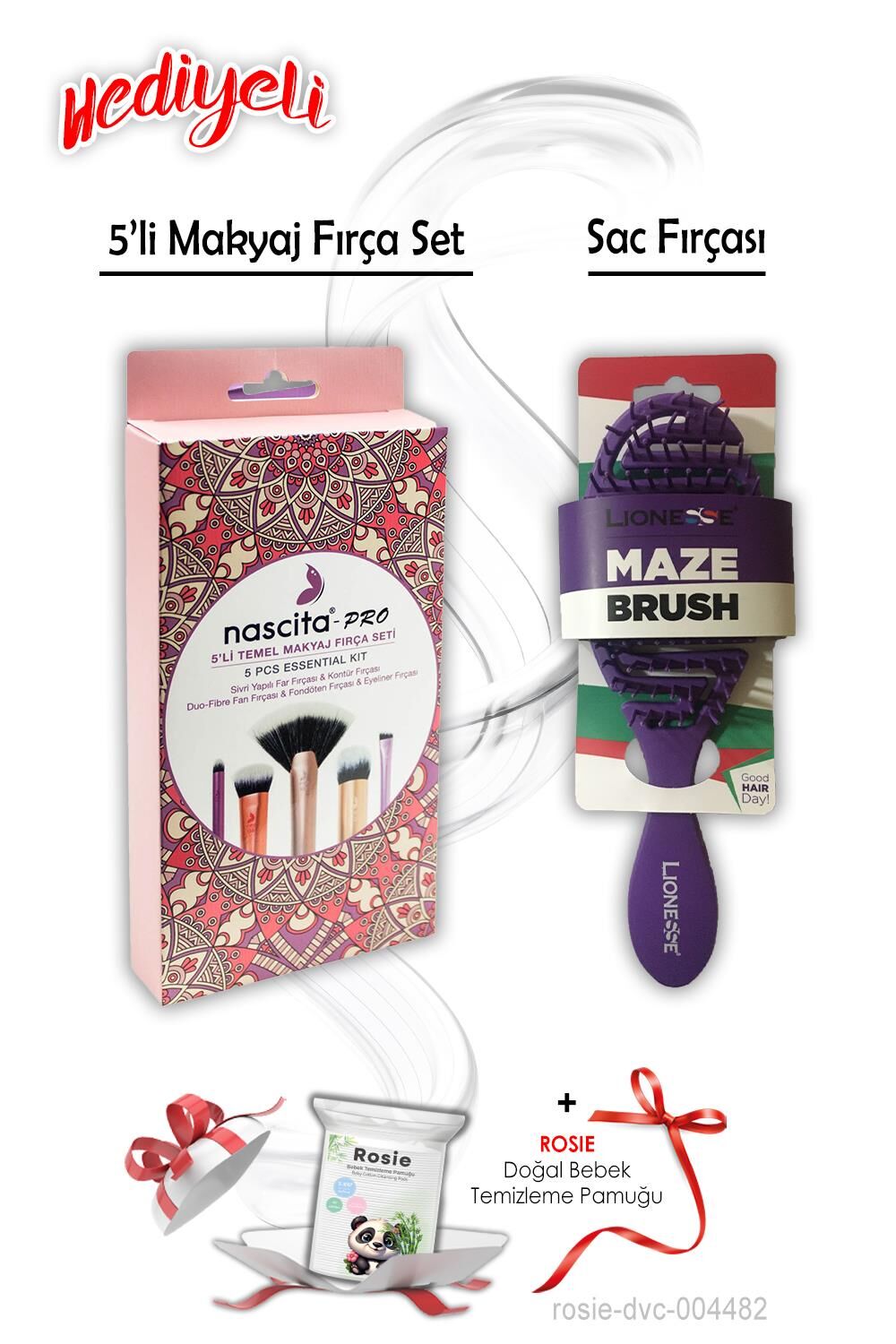 Temel Makyaj 5'li Fırça Set ve Saç Fırçası Oval Mor ROSIE Hediyeli