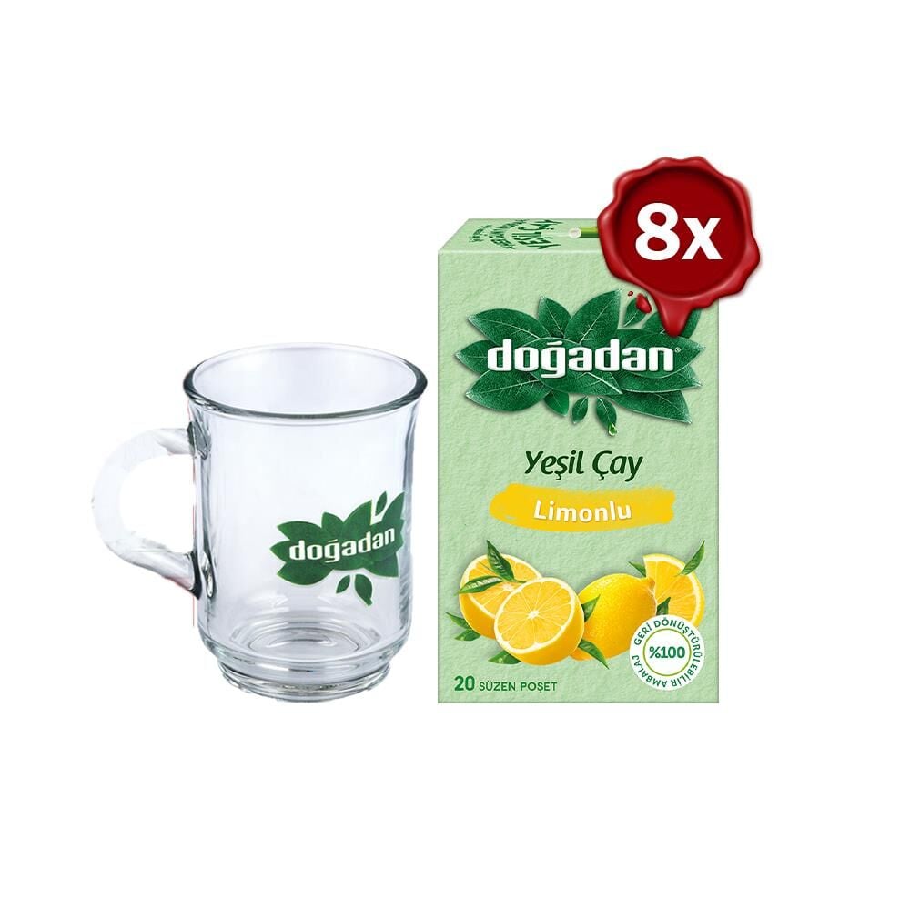 Doğadan Yeşil Çay Limonlu 20'li x 8 ve Doğadan Cam Bardak Hediyeli
