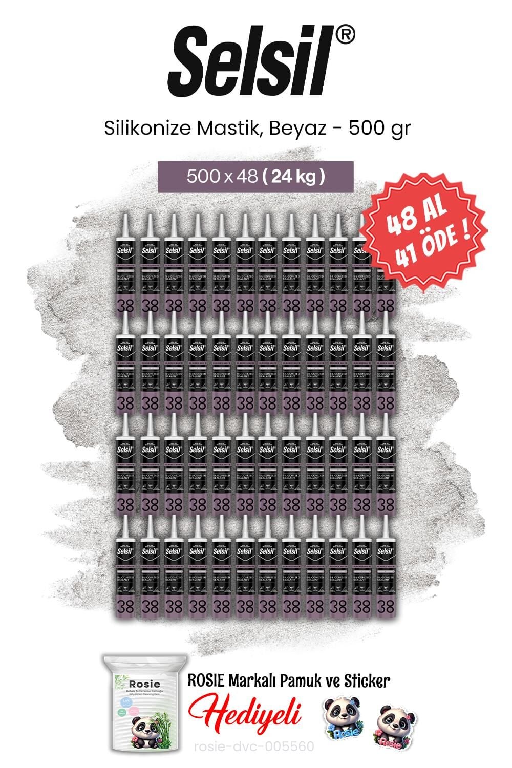 Selsil 48 AL 41 ÖDE, 500 gr Silikonize Mastik, Beyaz ve rosie pamuk