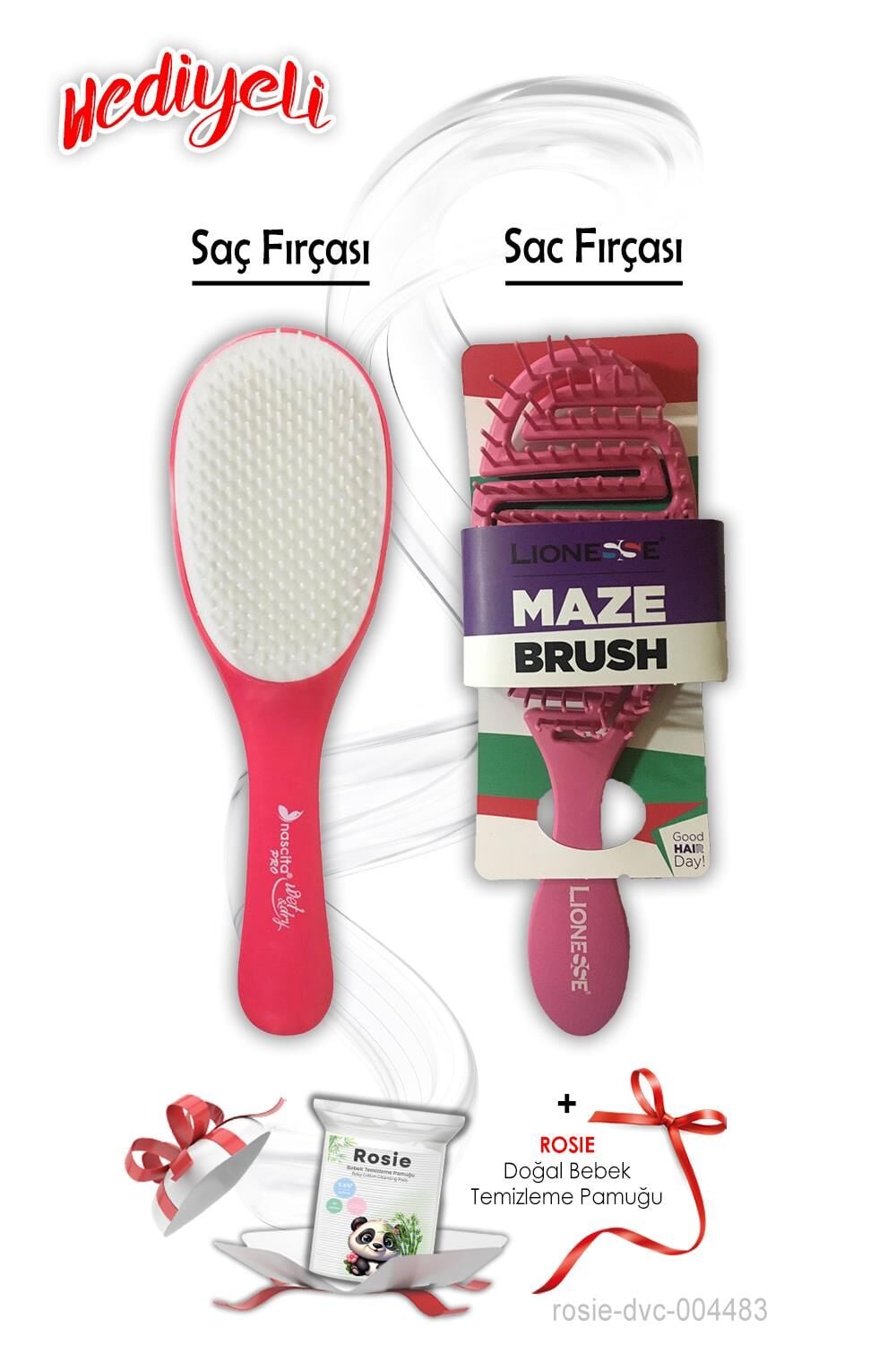 Saç Fırçası Oval Pembe ve Üç Boyutlu Tarama Fırçası Pembe ROSIE Hediyeli