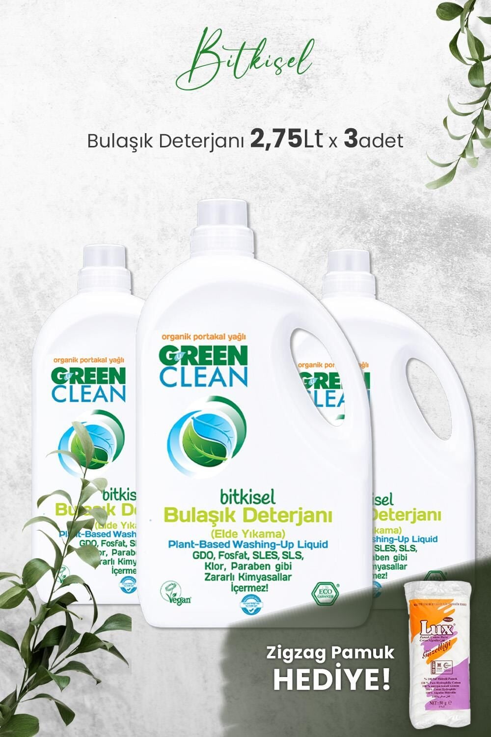 U Green Clean Bitkisel Bulaşık Deterjanı 2,75 LT x 3 Adet ve Hediyeli