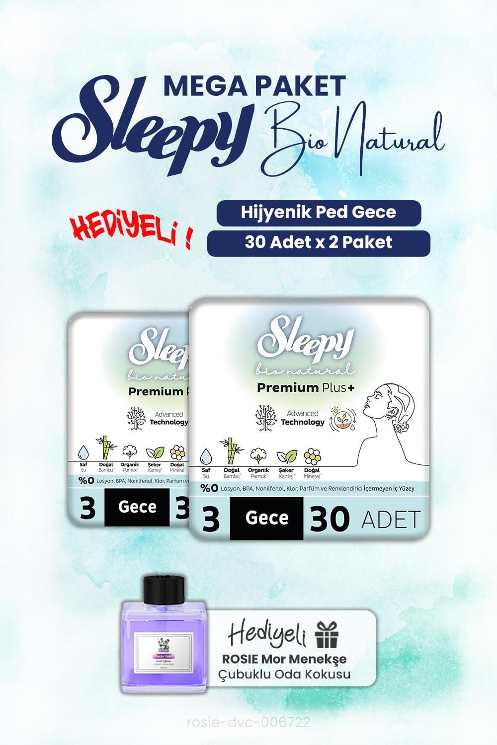 Sleepy Bio Natural Hijyenik Ped Gece 30'lu x2 ve ROSIE oda kokusu