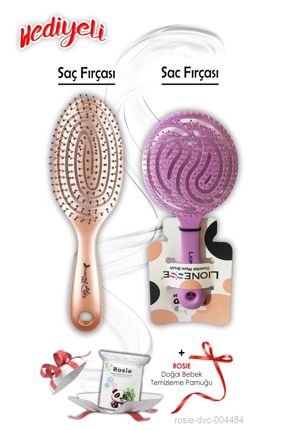 Kahverengi Üç Boyutlu Tarama Fırçası ve Mor Saç Fırçası Oval ROSIE Hediyeli