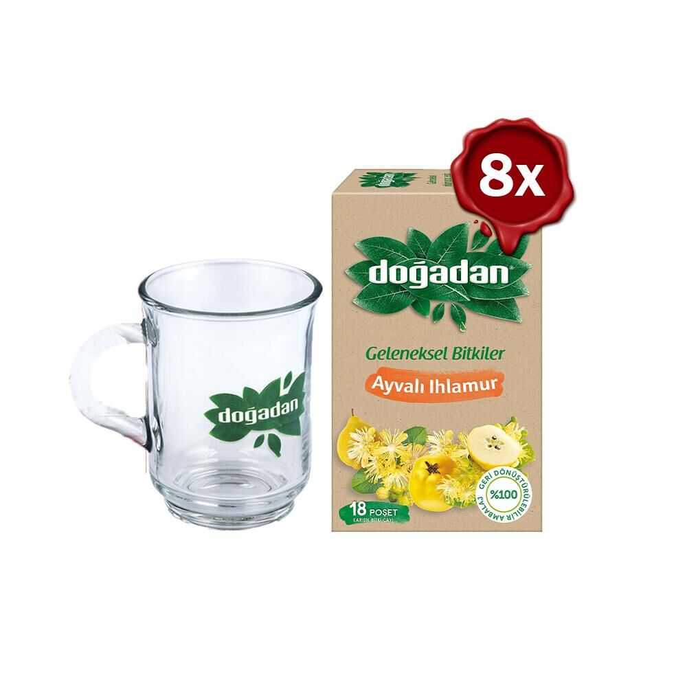 Doğadan Ayvalı Ihlamur Çay 18'li x 8 ve Doğadan Cam Bardak Hediyeli