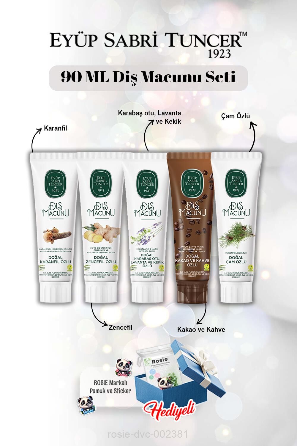 90 ml Diş Macun Seti Karanfil, Zencefil, Lavanta, Kakao, Çam Özlü ve Rosie