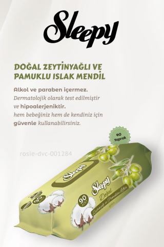Sleepy  16 AL 14 ÖDE Doğal Zeytinyağlı ve Pamuklu Islak Bebek Mendili 90'lı ve ROSIE