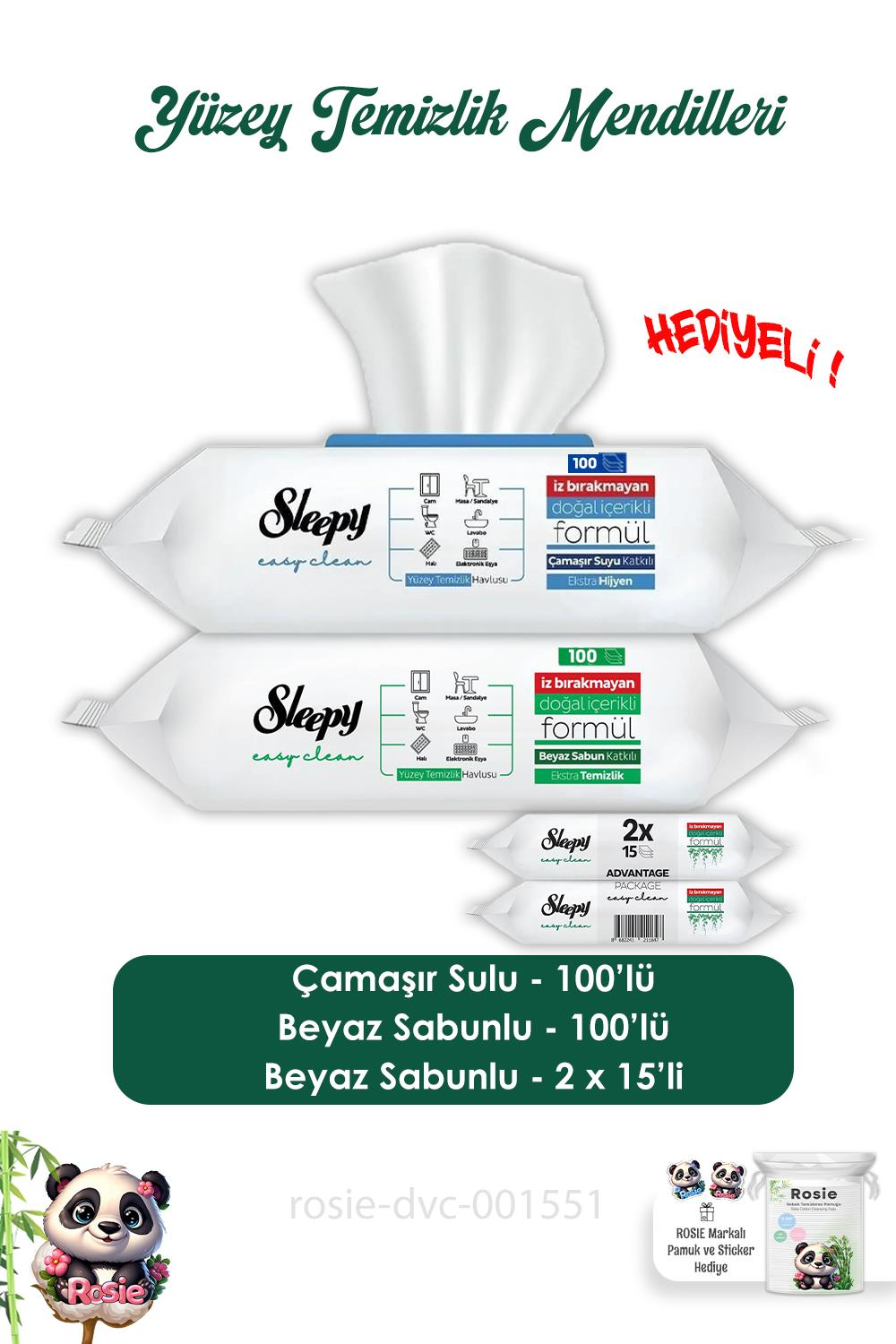 Sleepy Beyaz Sabunlu 100'lü, Çamaşır Sulu 100'lü  Yüzey Mendili, Easy Clean 2x15 ve ROSIE