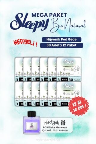 Sleepy 12 AL 10 ÖDE 30'lu Bio Natural Hijyenik Ped Gece ve ROSIE oda kokusu