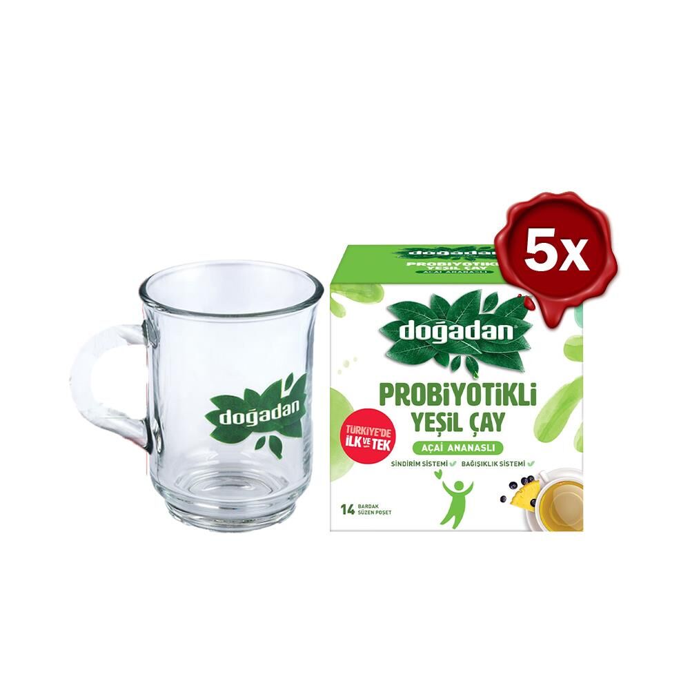 Doğadan Probiyotikli Yeşil Çay Açai Ananaslı 14'lü x 5 ve Doğadan Cam Bardak Hediyeli
