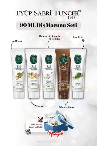 Misvak, Zencefil, Lavanta, Kakao, Çam Özlü 90 ml Diş Macun Seti ve Rosie