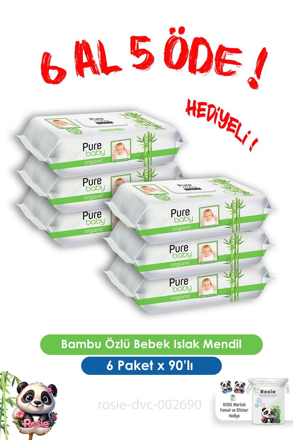 90 Yaprak Organik Bambu Özlü Bebek Islak Havlu  6 Al 5 Öde