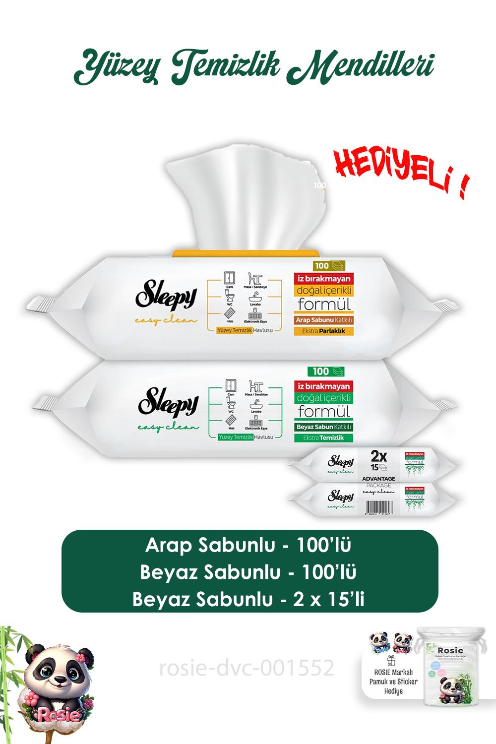 Sleepy Beyaz Sabunlu 100'lü, Arap Sabunlu 100'lü  Yüzey Mendili, Easy Clean 2x15 ve ROSIE