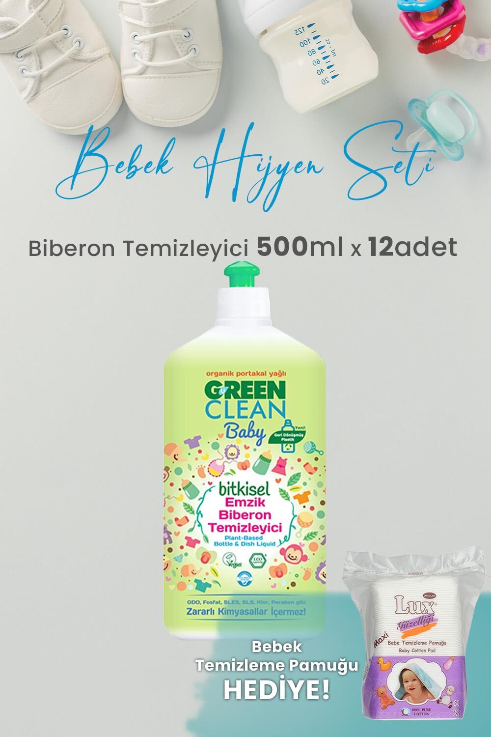 U green Clean Baby Bitkisel Biberon Emzik Temizleyici 500 ml x 12 Adet ve Hediyeli