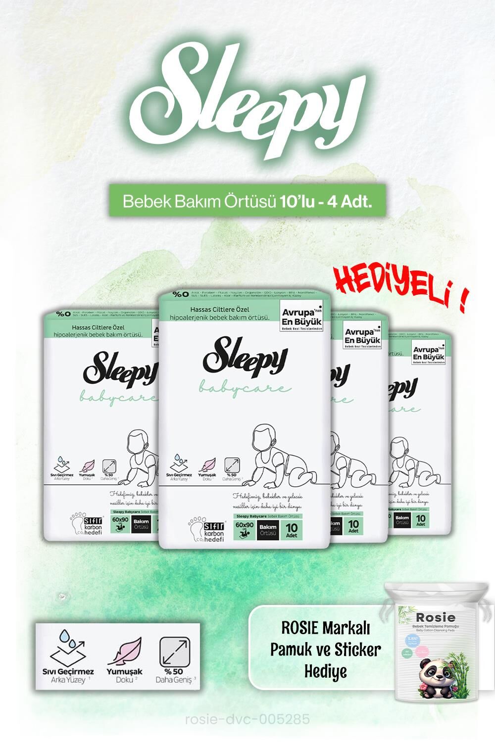 4'lü Sleepy Babycare Bebek Bakım Örtüsü 10'lu ve Rosie Pamuk Hediye