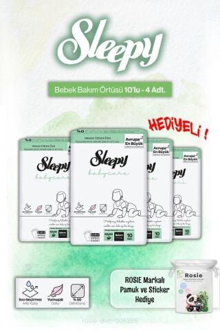 4'lü Sleepy Babycare Bebek Bakım Örtüsü 10'lu ve Rosie Pamuk Hediye