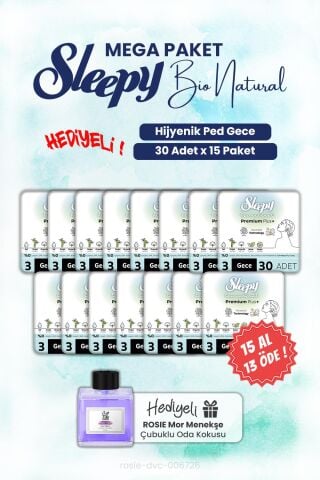 Sleepy Hijyenik Ped 15 AL 13 ÖDE 30'lu Bio Natural Gece ve ROSIE oda kokusu