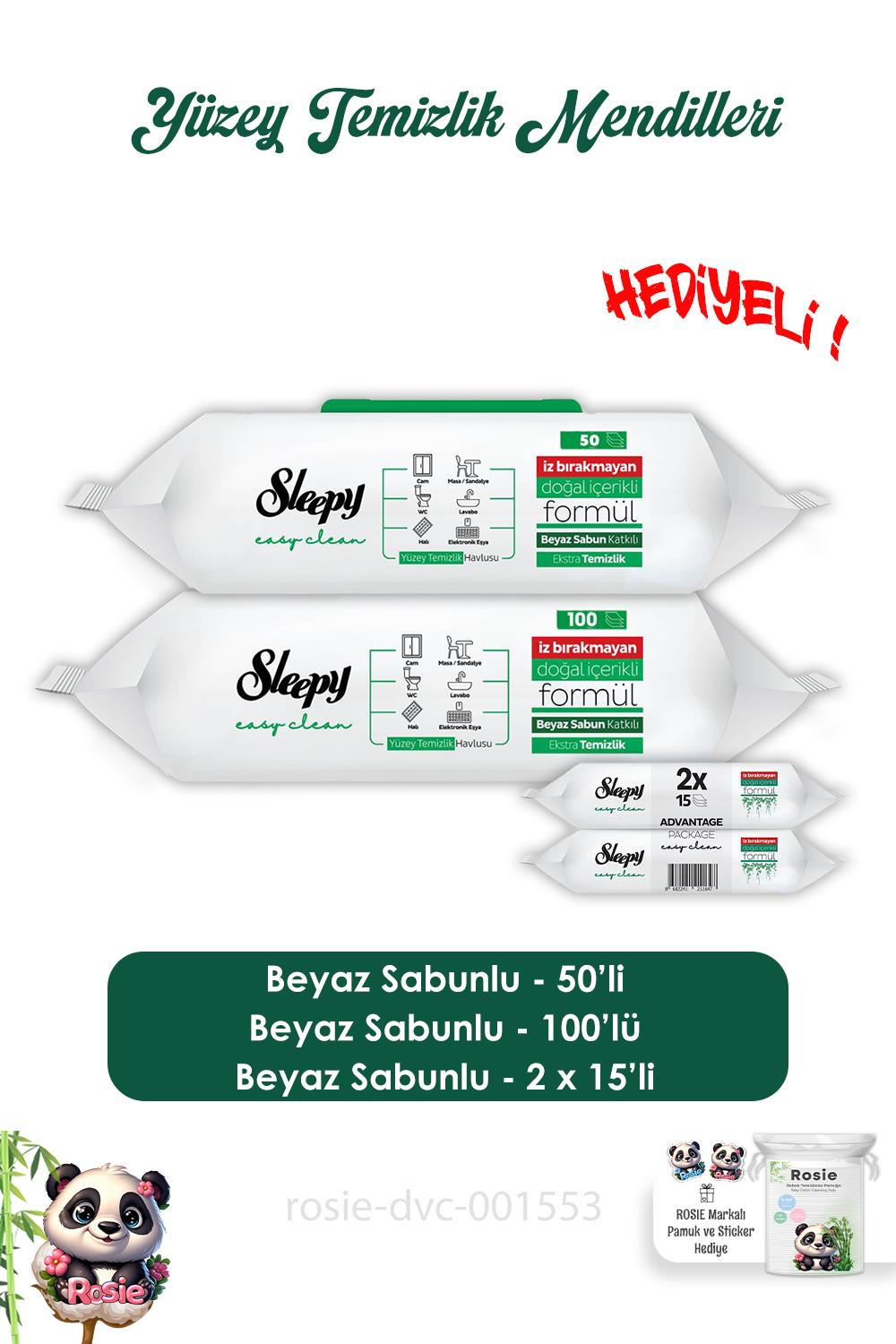 Sleepy Beyaz Sabunlu 100'lü, Beyaz Sabunlu 50'li  Yüzey Mendili, Easy Clean 2x15 ve ROSIE