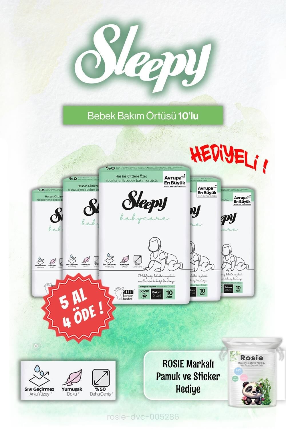5 AL 4 ÖDE Sleepy Babycare Bebek Bakım Örtüsü 10'lu ve Rosie Pamuk Hediye