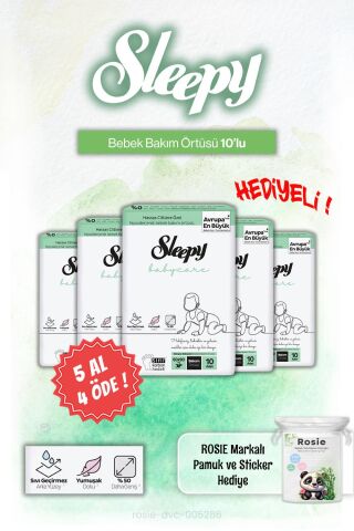 5 AL 4 ÖDE Sleepy Babycare Bebek Bakım Örtüsü 10'lu ve Rosie Pamuk Hediye