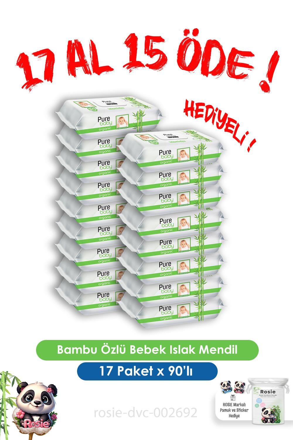 Pure Baby 17 Al 15 Öde Organik Bambu Özlü Bebek Islak Havlu 90 Yaprak