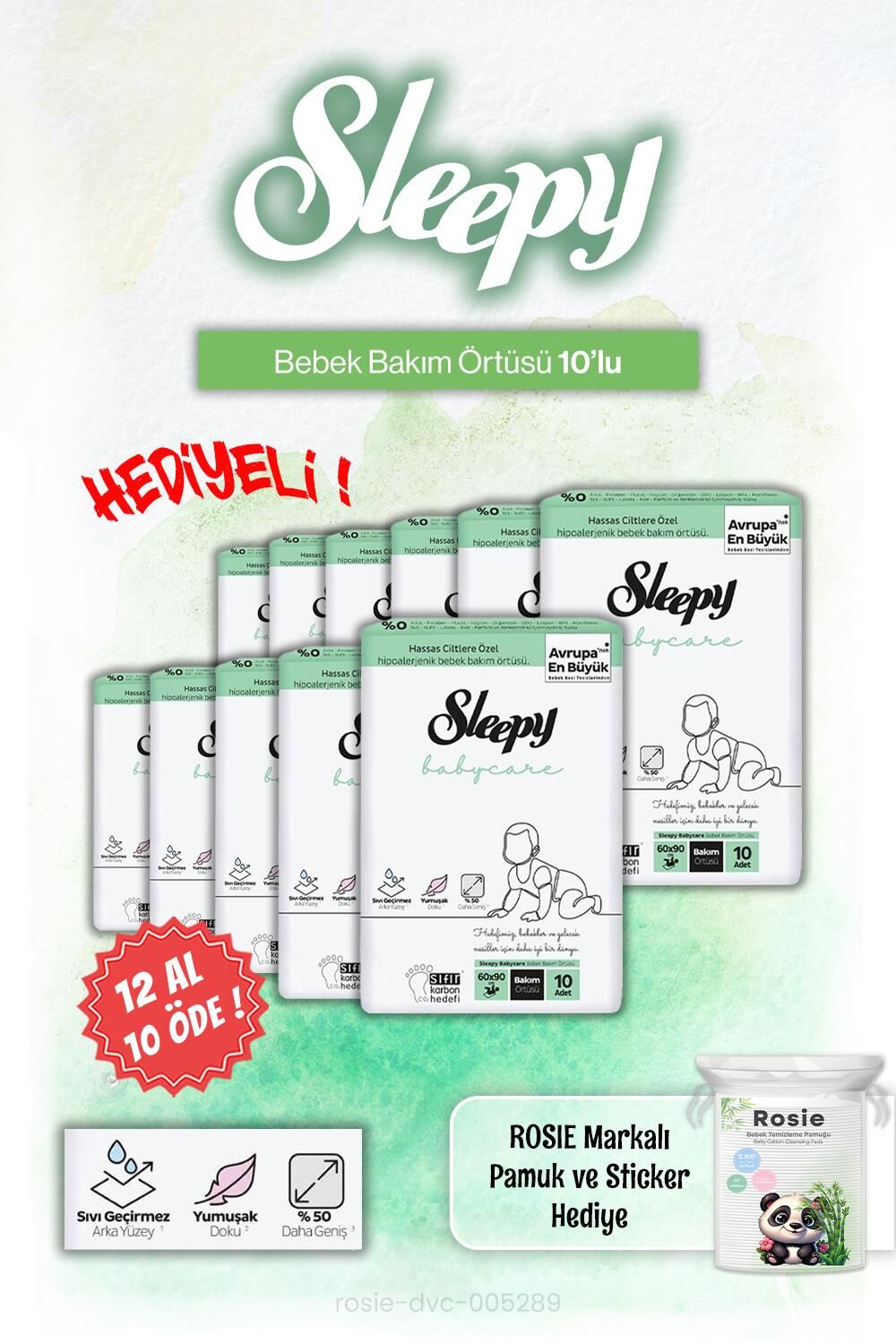 12 AL 10 ÖDE Sleepy Babycare 10'lu Bebek Bakım Örtüsü ve Rosie Pamuk Hediye