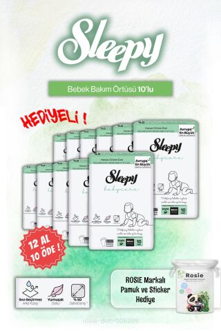 12 AL 10 ÖDE Sleepy Babycare 10'lu Bebek Bakım Örtüsü ve Rosie Pamuk Hediye
