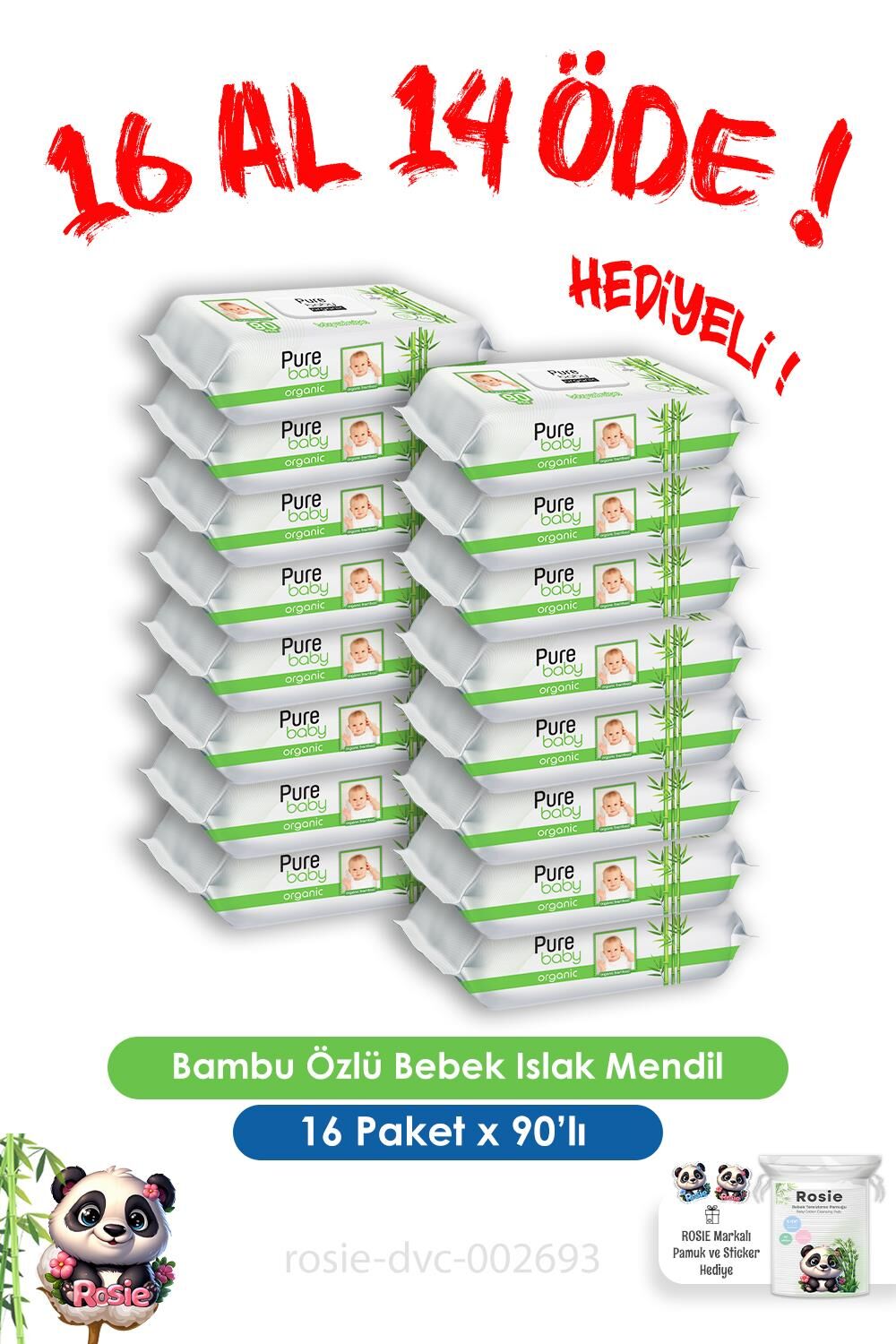 16 Al 14 Öde Pure Baby 90 Yaprak Organik Bambu Özlü Bebek Islak Havlu