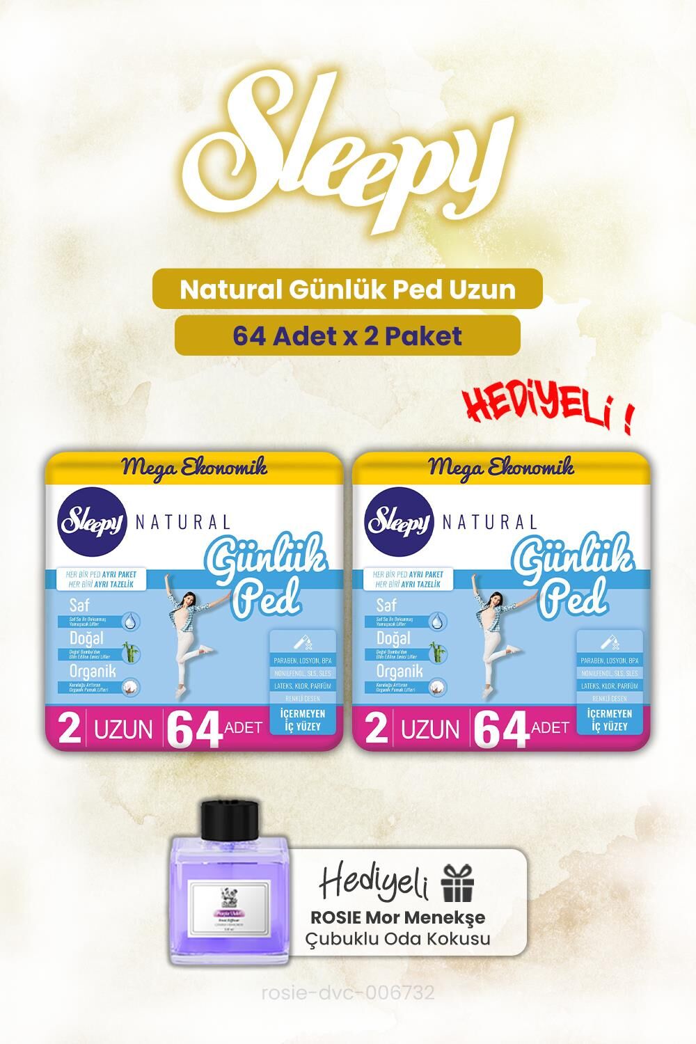 Sleepy Natural 64'lü Günlük Ped Uzun X 2 ve ROSIE oda kokusu