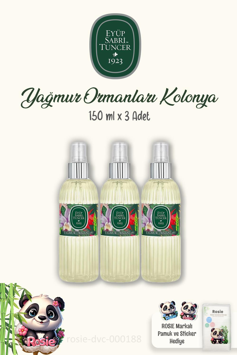 3'lü Eyüp Sabri Tuncer Yağmur Ormanları Kolonyası Sprey 150 ml ve ROSIE Pamuk