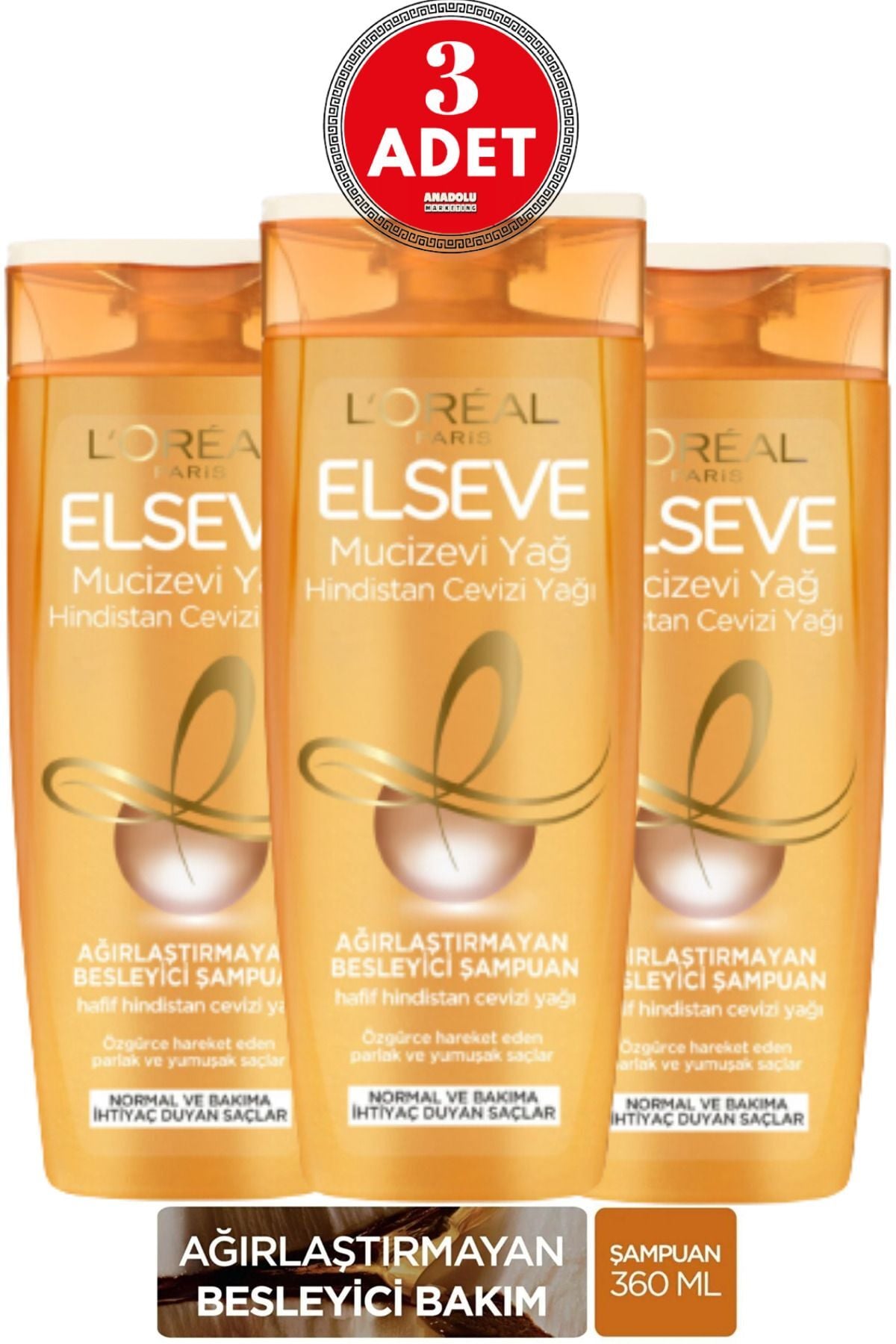 Elseve L'Oréal Paris Elseve Mucizevi Hindistan Cevizi Yağı Ağırlaştırmayan Besleyici Şampuan 360 ml 3 ADET